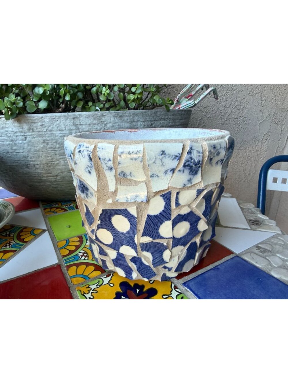 Mosaic Art Tile ~ Planter ~ Hand Crafted ~ Flower Garden Pot ~ Polka Dot